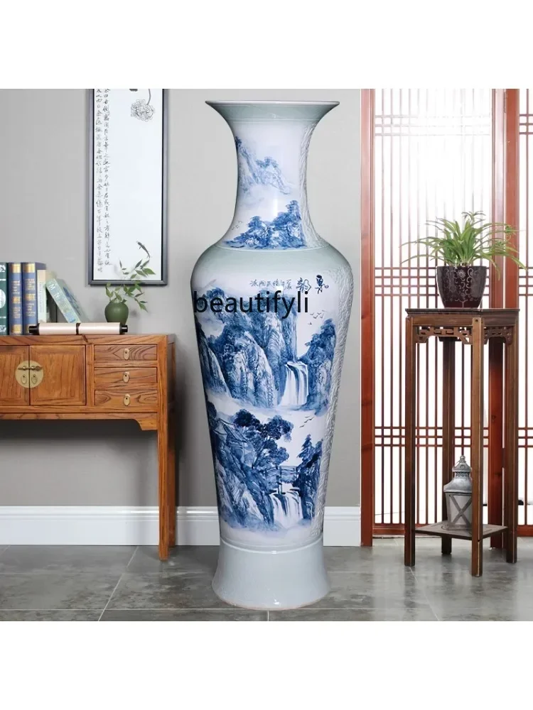 Jingdezhen Ceramics Floor Carved Large Vase Hand Painted Landscape Porcelain Bottle Living Room Big Decorations Villa Decoration