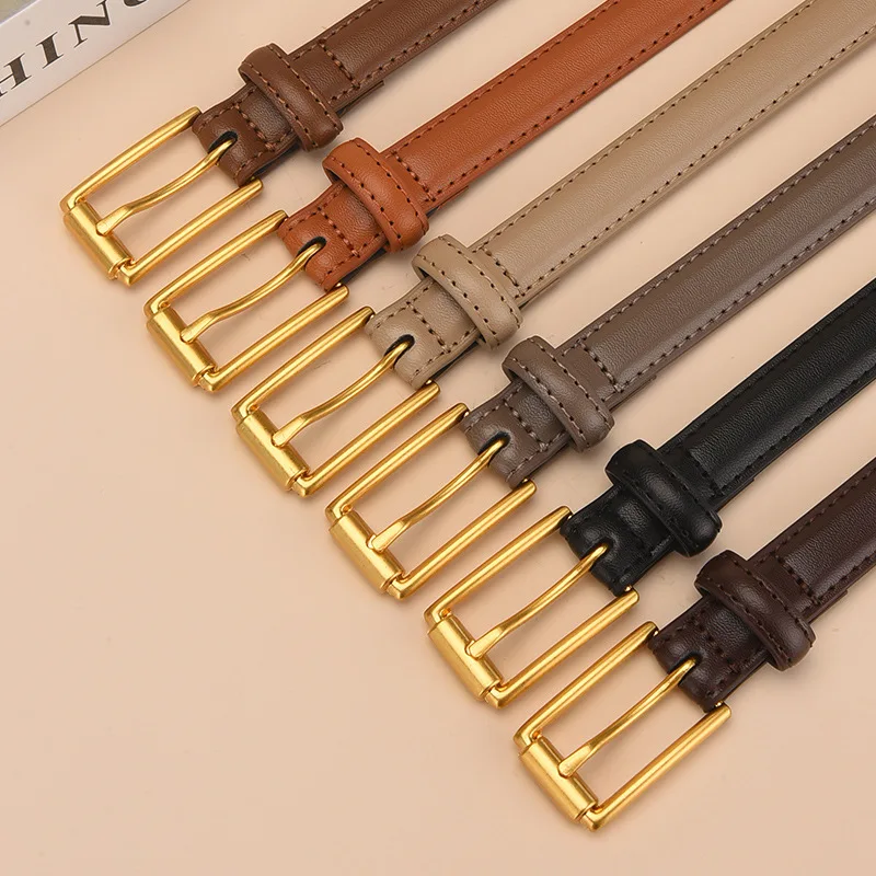 High Grade Antique Copper Needle Buckle Double-Sided Cowhide Thin Waistband Retro Women's Leather Simple Waist Coat Jeans Belt