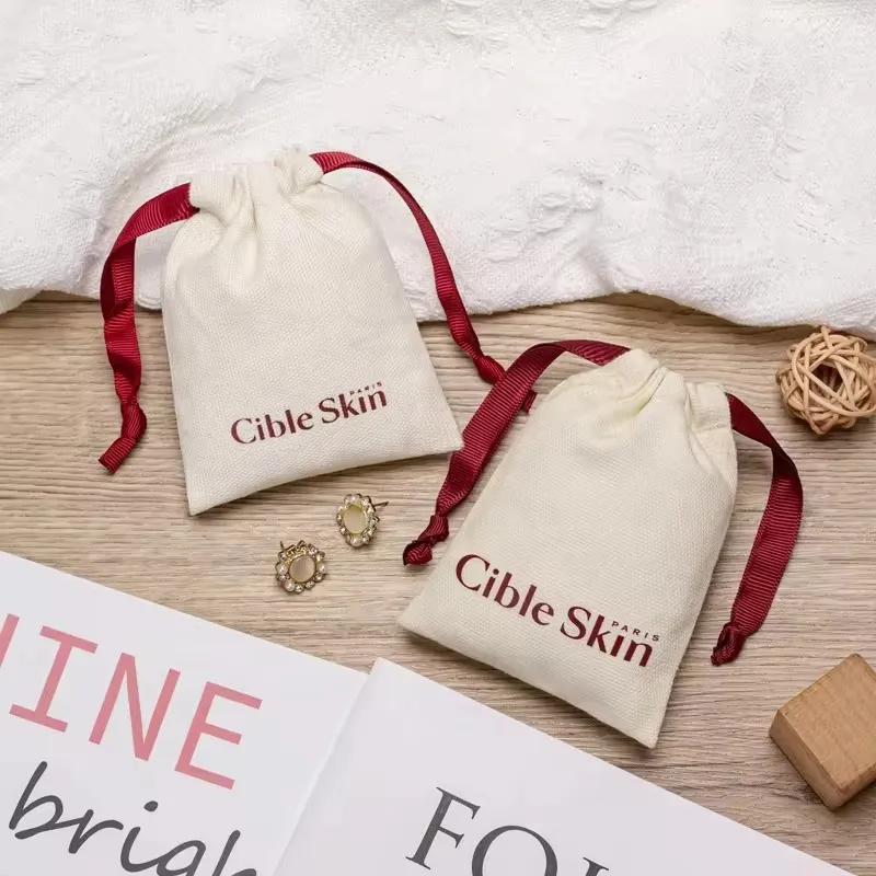 Custom Logo Natural Canvas Cotton Bag Double String Drawstring Bag  Ring Packaging Bags Wedding Party bag