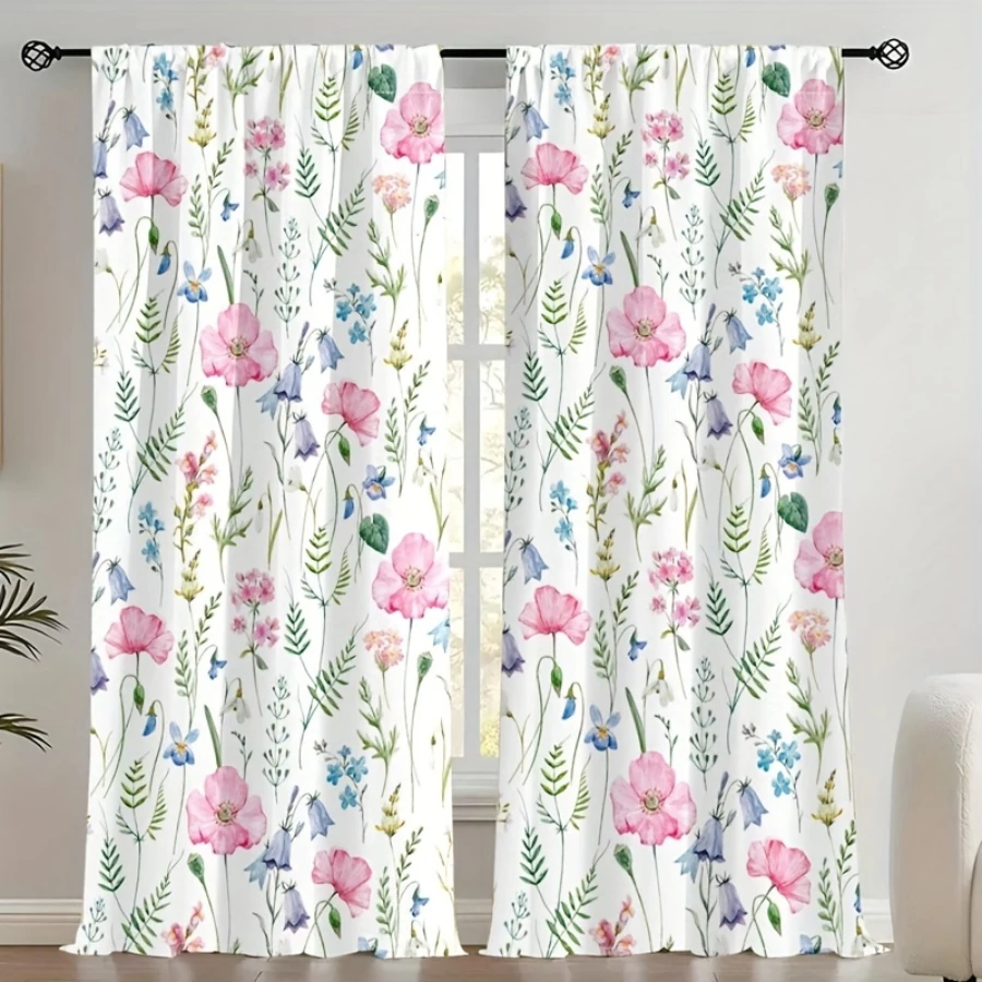 2PCS Digital Print Curtains, Spring Wildflowers Meadow, Fresh Floral Living Room Decor Pastoral Country Garden Bedroom Drapes