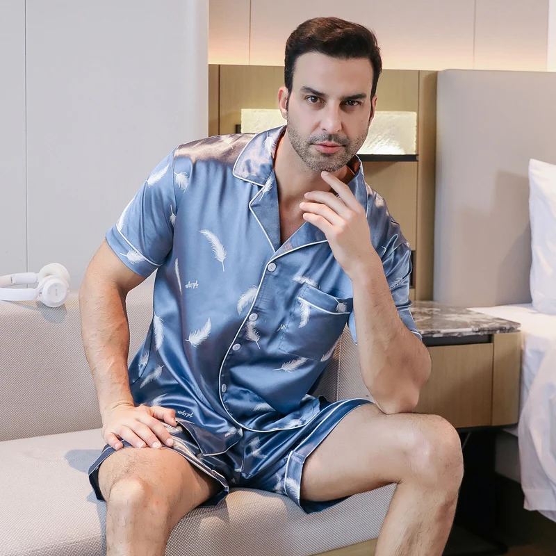 

Пижама Мужская с коротким рукавом, шелковая Домашняя одежда, повседневный тонкий кардиган, можно носить как комплект, домашняя одежда, лето