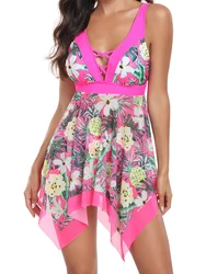 2023 Floral Printed Tankini Two Pieces Women Strape Swimsuit Dress Swimwear Female Bather Bathing Swimming Suit Summer Beachwear