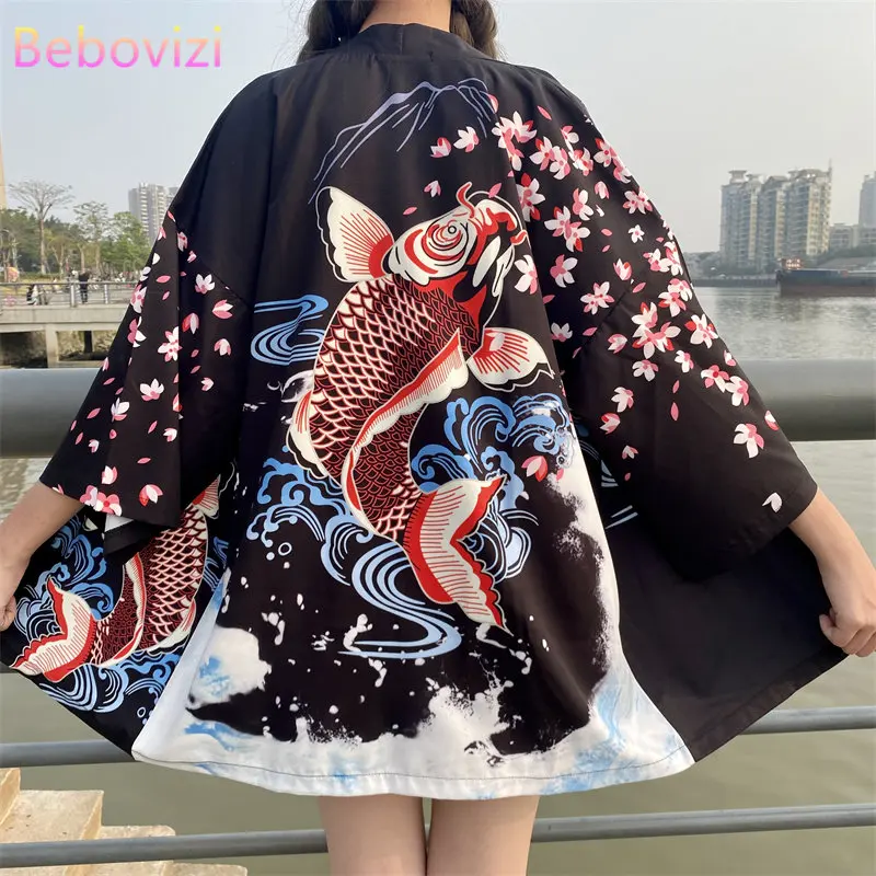 

Women Yukata Japanese Carp Print Cosplay Kimono Streetwear Beach Cardigan Black White Traditional Haori Obi Belt