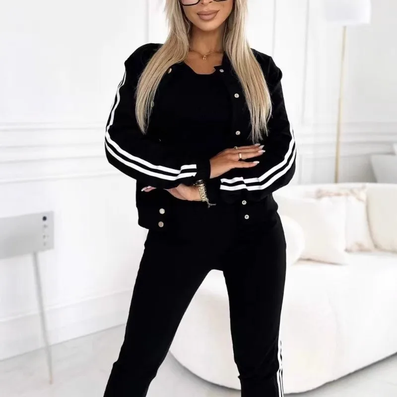Setelan Olahraga Kasual 3 Potong 2025 Jaket Hoodie Bergaris Warna Solid + Rompi Tank + Celana Slim Wanita Tracksuit