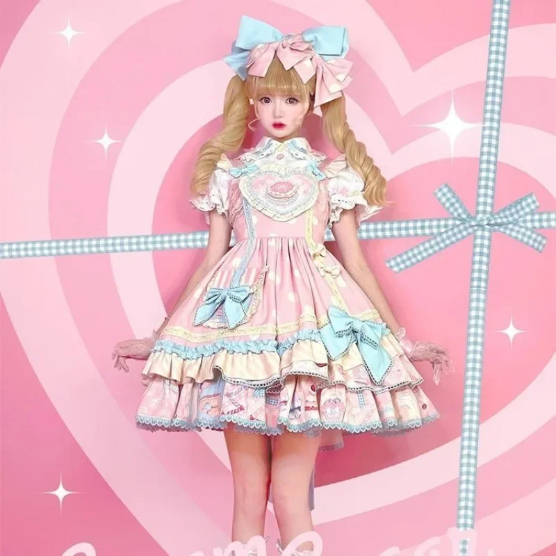 Hotsale القوس الكرتون طباعة جرلي Kawaii فساتين حفلة الأميرة بلا أكمام Harajuku اليابانية الحلو لوليتا Jsk فستان المرأة 2025 جديد