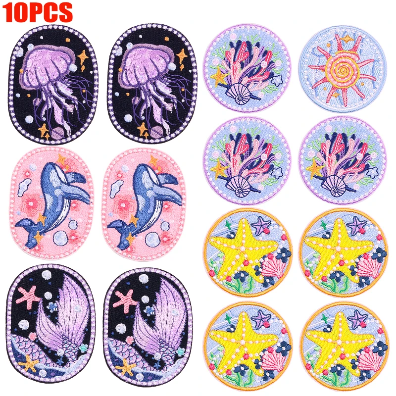 10PCS/Set Sea ​​Aanimals Embroidery Patch DIY Cartoon Iron On Patches For Clothing Thermoadhesive Patches Jeans Bags Sew Badges