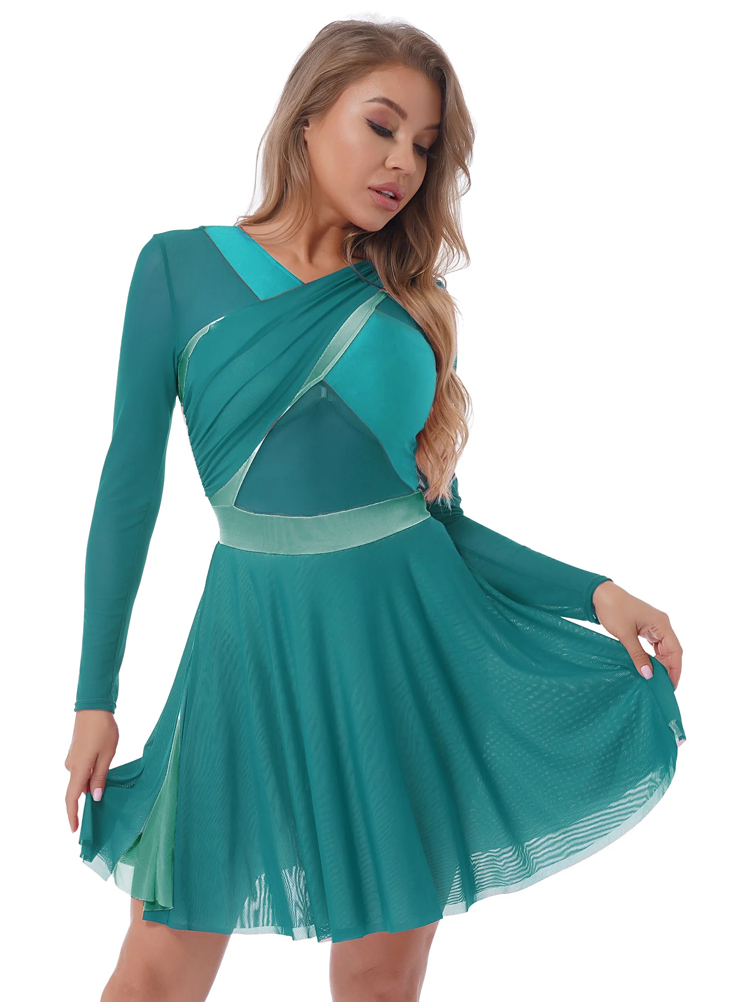 Tiaobug-Vestidos lírico de manga larga para mujer, ropa de baile con cuello en V, de malla transparente, 2 capas, Color verde