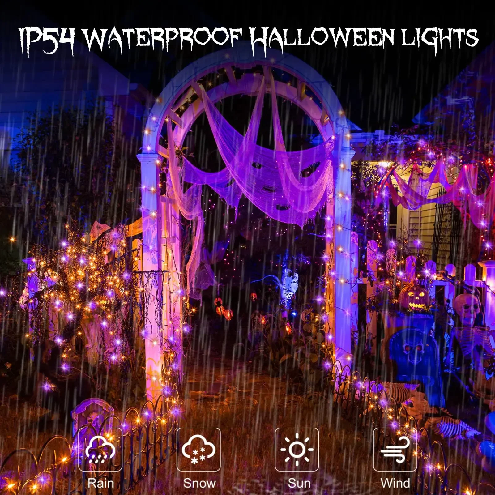 10-120m Black Wire Halloween Purple & Orange Fairy String Lights 8 Modes Outdoor for Christmas Street Party Garden