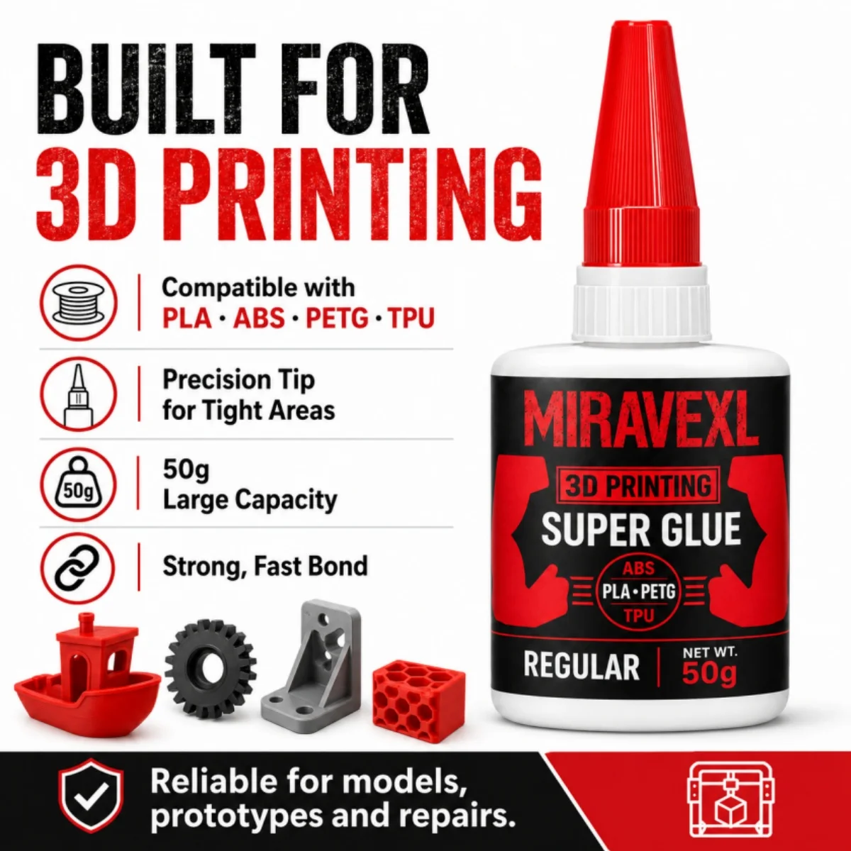 3D Printing Super Glue Liquid 50g - PLA ABS PETG TPU Instant Adhesive | versatile, precise application, for fine cracks, clear
