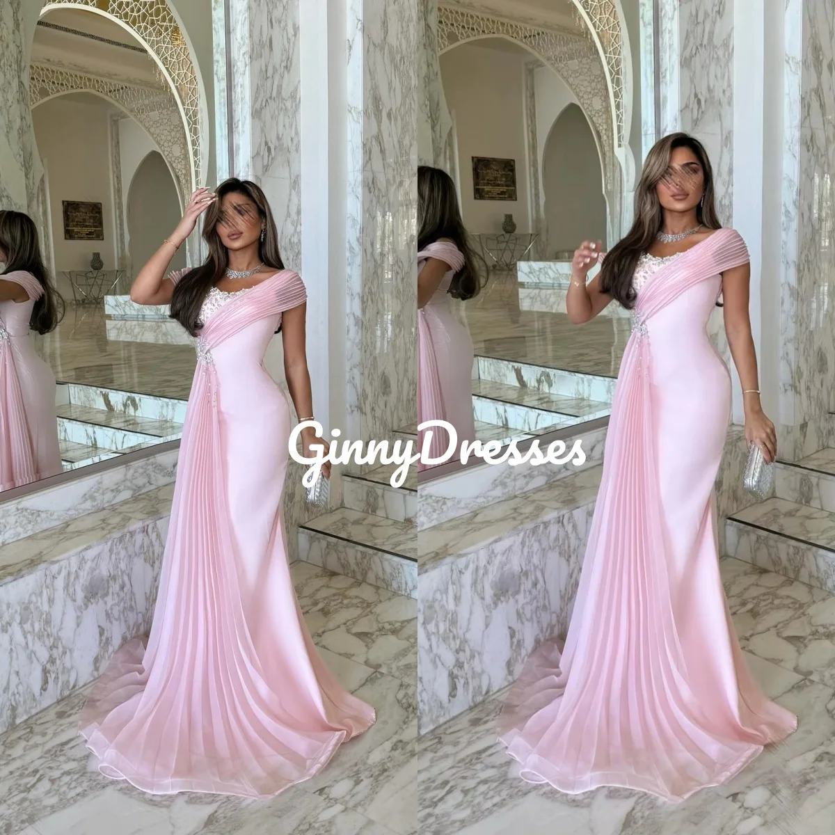 فسات Mohamed 1914 Anpassen Meerjungfrau Sweep Zug Rüschenkleider für besondere Anlässe U-Ausschnitt Reißverschluss kurze Ärmel Kleider