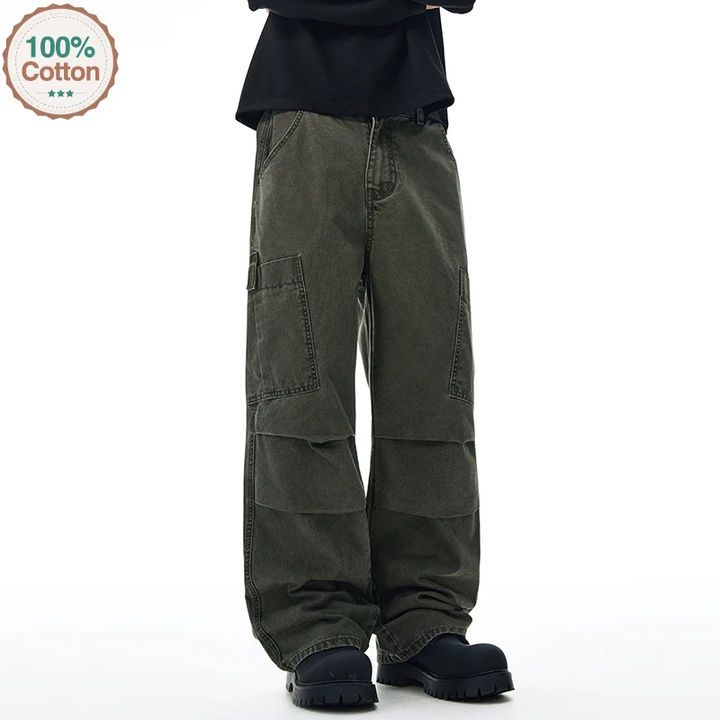 

Американские свободные прямые брюки-карго, мужская модная уличная одежда, 100% хлопок, винтажные свободные повседневные широкие брюки с большими карманами