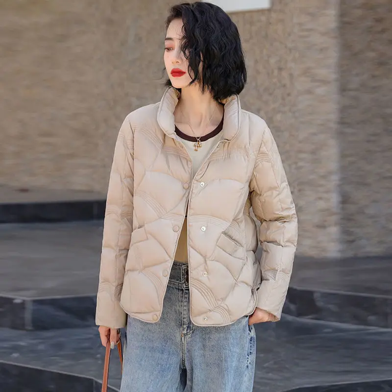 Jaqueta de pato branca ultra clara feminina, gola de stand para senhora, casaco de peito único, parka curta casual preta, tops outwear, Q518