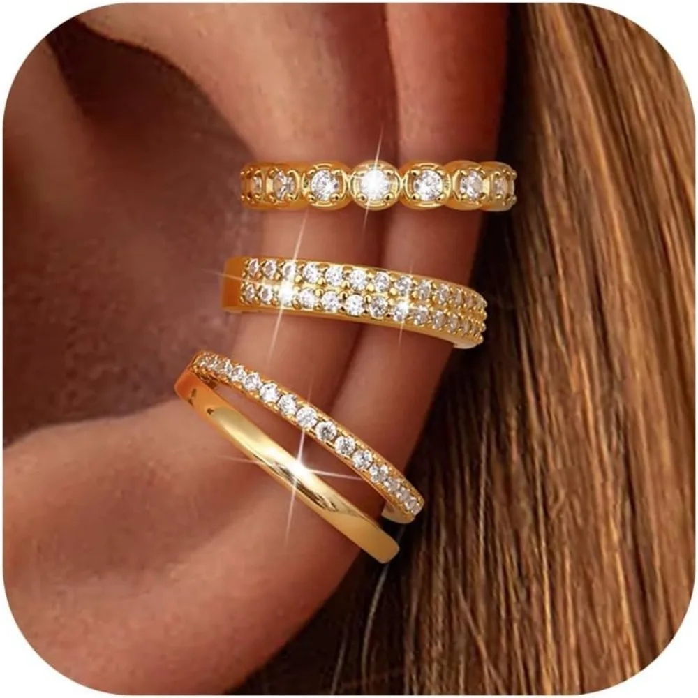 

Adjustable Gold Plated 925 Sterling Silver Ear Cuffs Clip On Non Pierced Cubic Zirconia Hypoallergenic Set