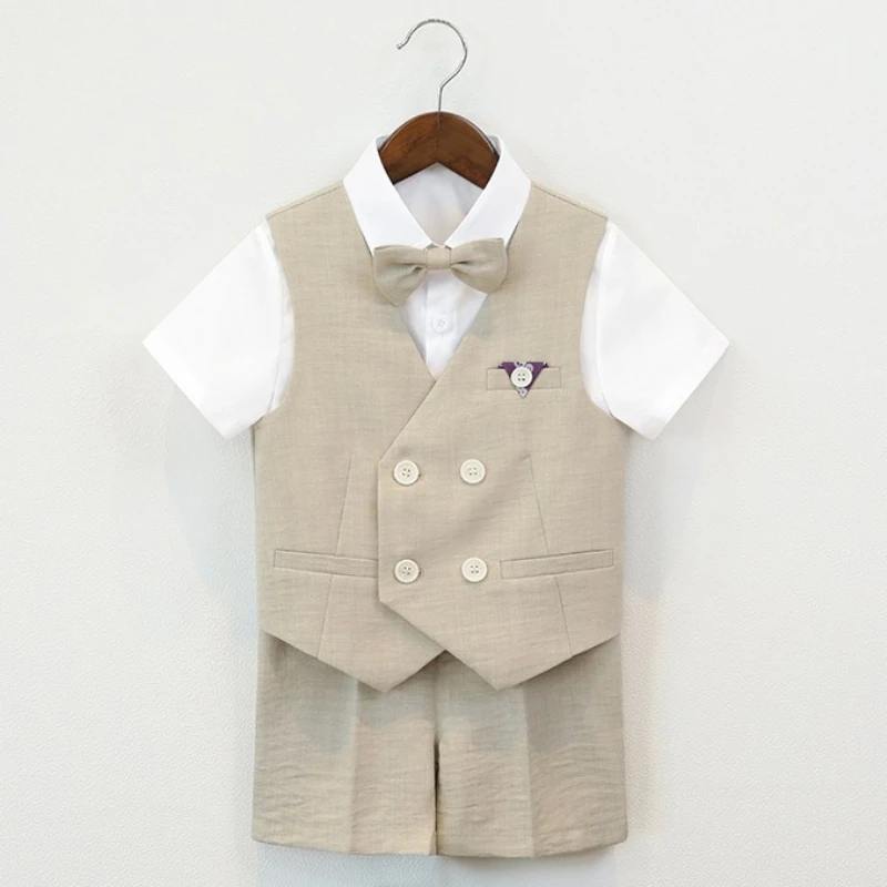 Children Summer Suit Set Elegant Kids Vest Shorts Blazers Outfits Formal Page Boys Wedding Tuxedo Toddler Photography Costume