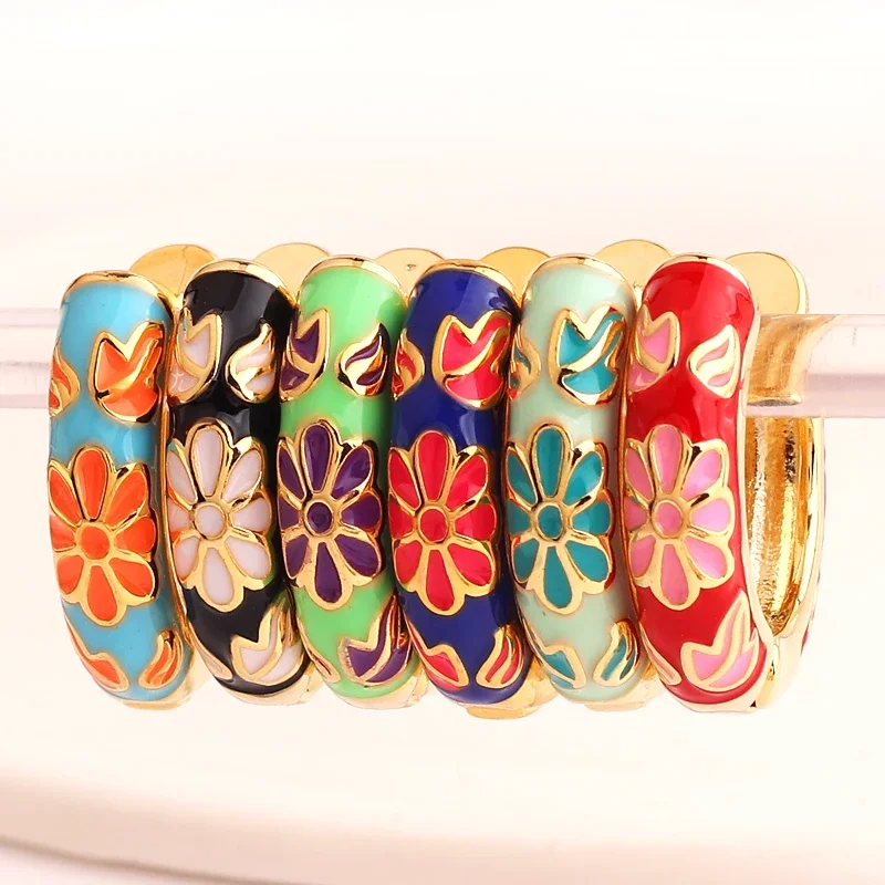 Gold Filled Enamel Flower Daisy Chunky Round Circle Hoop Earrings Female Gold Color Copper Ear Buckle Huggies Jewelry for Women