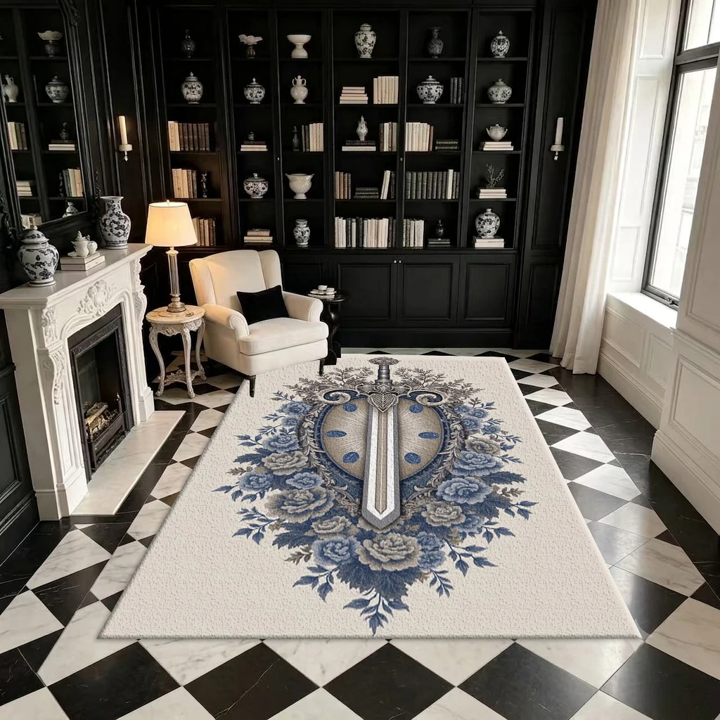 Antique Sword-Shaped and Peony Floral Art Carpet, Medieval Style Gorgeous Printed Square Carpet, Suitable for Study Room Decoration
