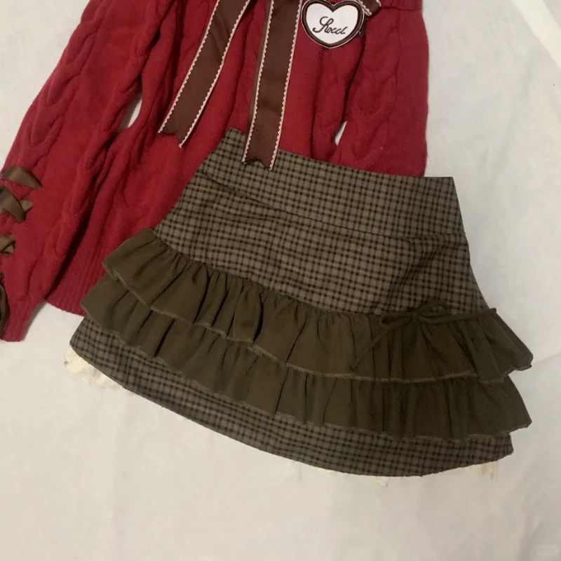 

Harajuku коричневые милые клетчатые юбки женские винтажные кружевные лоскутные милые многослойные юбки с высокой талией модные корейские юбки Kawaii Lolita