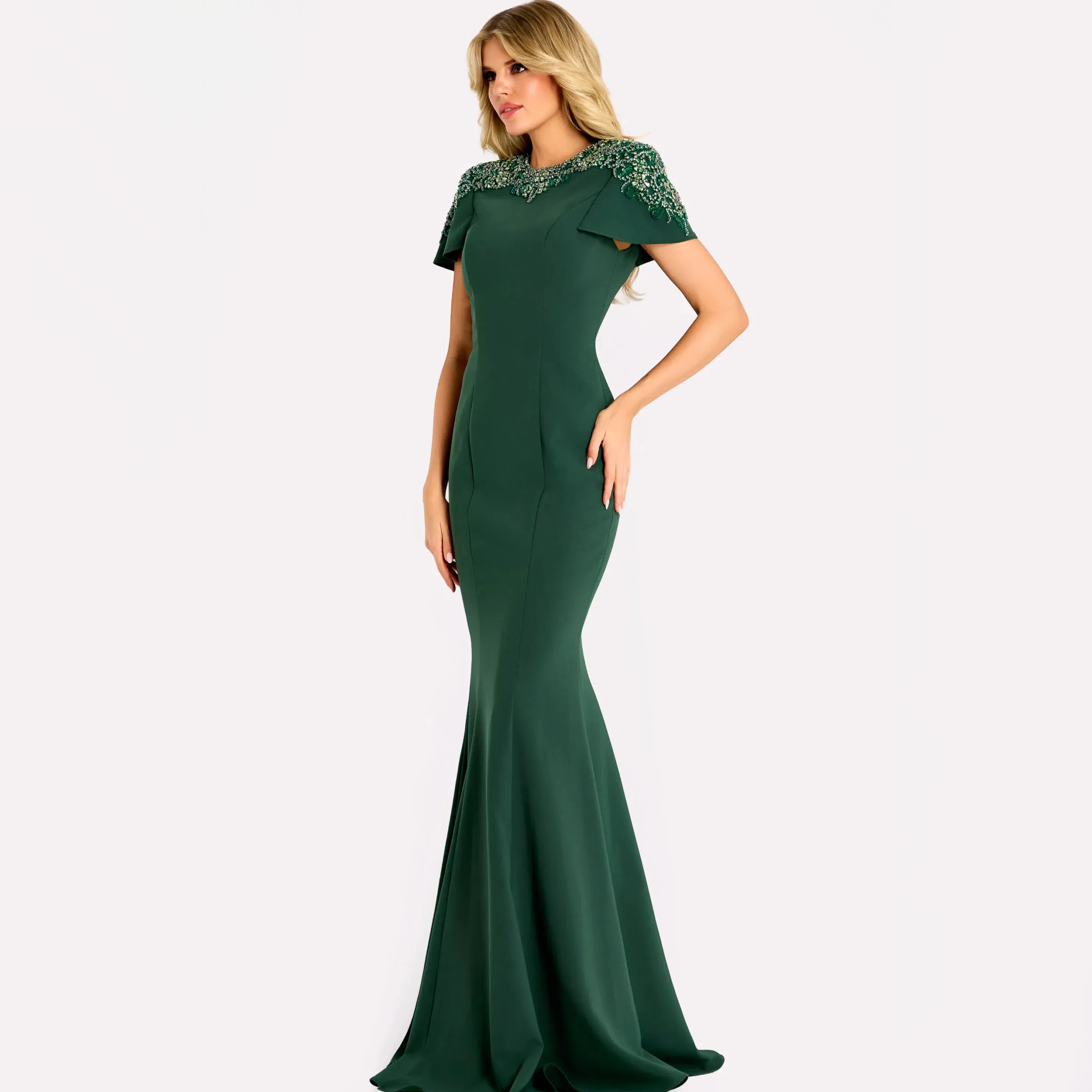 Customized Exquisite Jersey Beading Rhinestone Pleat Trumpet High Collar Long Dresses Bespoke Occasion Dresses Formal Fashion