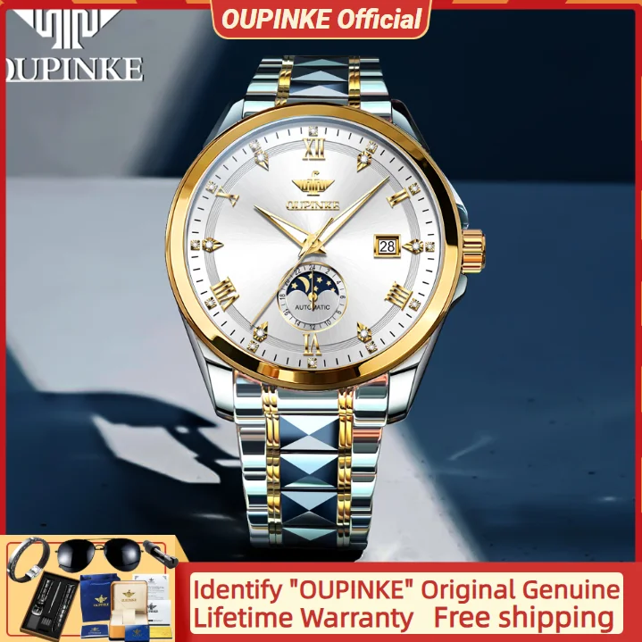 OUPINKE Mens Watches Original Luxury Waterproof Moon phase Luminous Watch Men Sapphire Mirror Automatic Mechanical Watch 3265