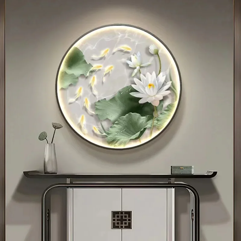 

Modernist Nine Fish Decorative Painting Corridor Entrance Lotus Wall Lantern Painting Corridor Circular Hanging Painting