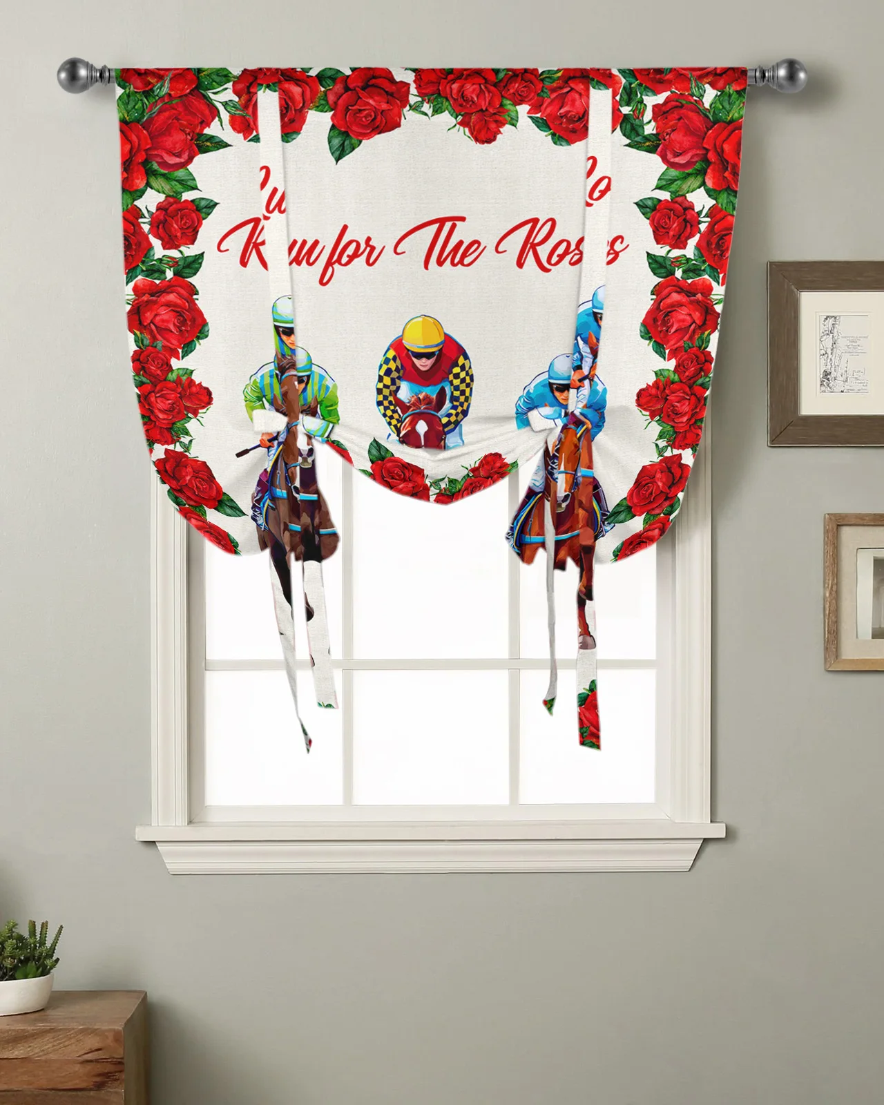 Horse Racing Competition Rose Flower Kitchen Short Window Curtain Modern Home Decor Small Window Roman Tie Up Curtains