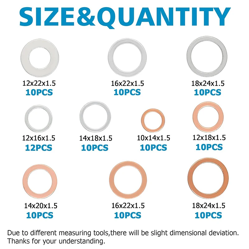 102PCS Copper & Aluminum Crush Washer Assortment, Oil Drain Plug Gasket Seals, 10/12/14/16/18mm Flat Sealing Washers