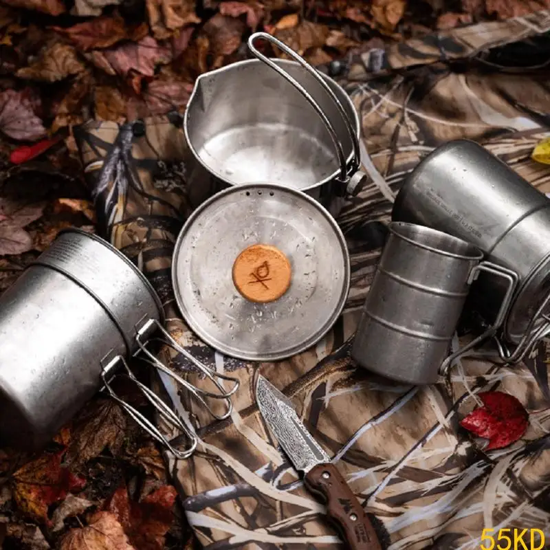 

55KD Outdoor Camping Cookware with Folding Handle Stainless Steels Outdoor Camping Pan