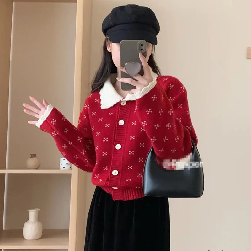 

2024 Women's Autumn and Winter New Sweet Fashion Crocheted Lapel Long Sleeve Sweater Loose All-Matching Lace Knitwear