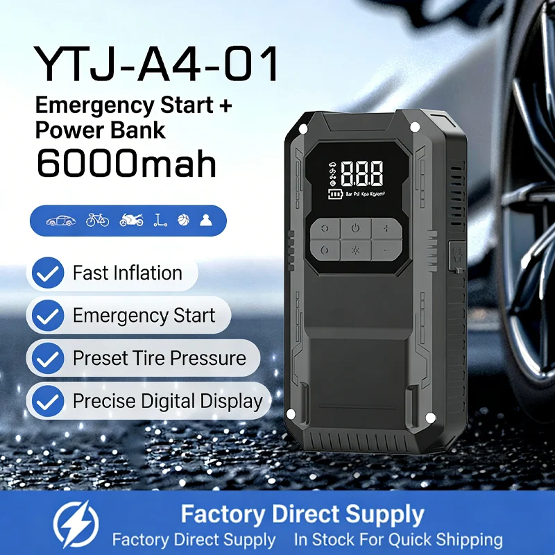 

Car Jump Starter Air Compressor 6000ma Smart Clip Motorcycle Air Pump Portable Power Bank Tire Inflator Emergency Jump Starter