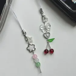 Dango Cherry mobile phone charm, glass beads with fruit keychain, Japanese aesthetic wallet bag accessories, gifts for her
