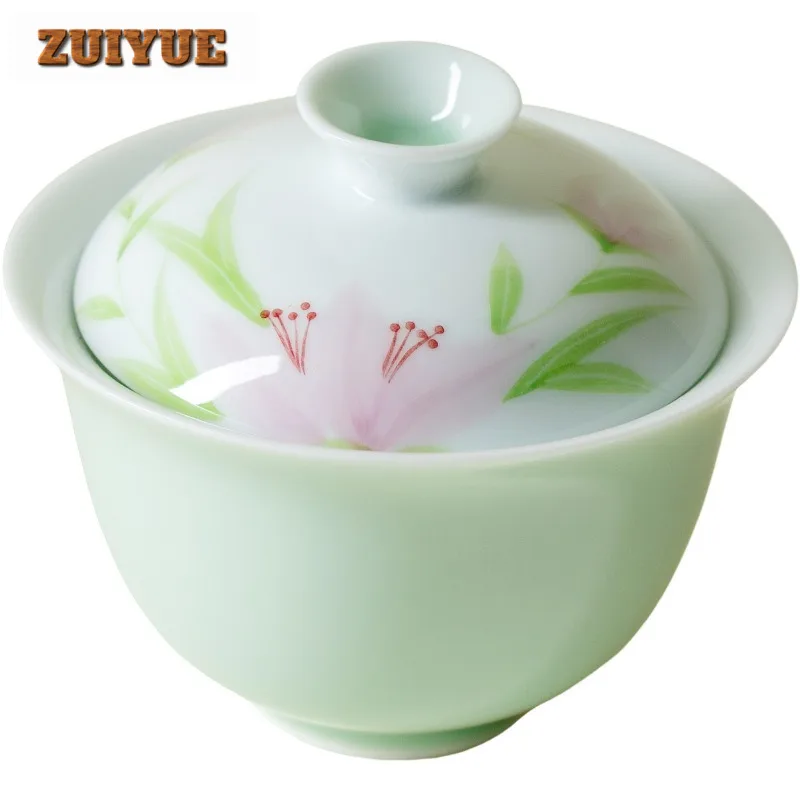 130 مللي الأخضر رسمت باليد الزنبق البري Gaiwan خمر الشاي تورين براد شاي مع غطاء عدة صنع الشاي غطاء وعاء درينكوير الديكور #6