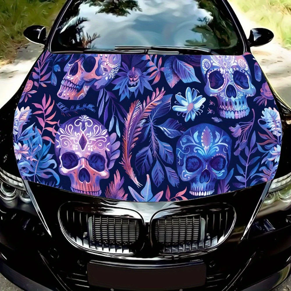 

Purple Skull Gothic Floral Design Car Hood Vinyl Wraps Sticker, Car Engine Decal, Waterproof Self-adhesive Car Packaging Cover,
