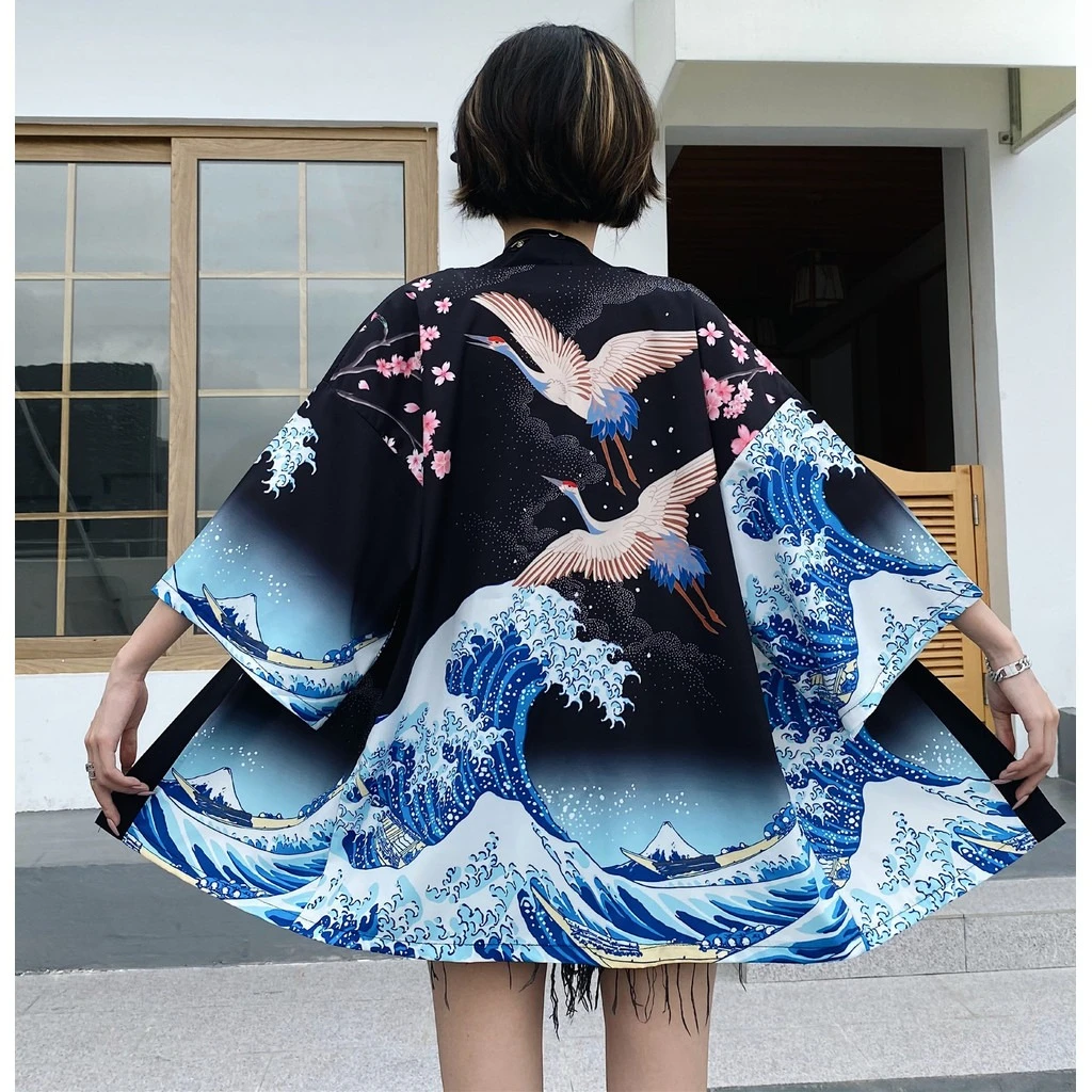 أزياء الصيف النساء الشاطئ نمط كيمونو كرين موجة طباعة هاوري قمم كيمونو اليابانية التقليدية #1