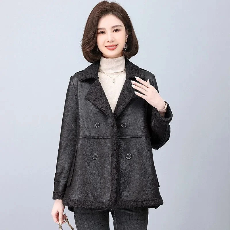 2025년 가을 겨울 신상 여성용 두꺼운 벨벳 안감 가죽 자켓, 양면 퍼로 따뜻하게 유지