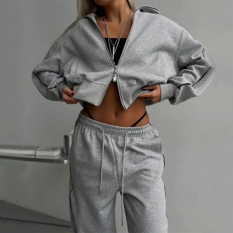 

Autumn Fashion Long Sleeve Sports Women's Suit Casual Turn-down Collar Zipper Tops And Loose Wide Leg Pants Female Two Piece Set