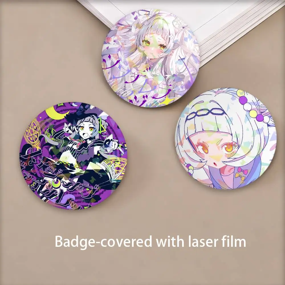 Vtuber Murasaki Shion Round Badge Lapel Pins for Backpacks Briefcase Laser Brooch Clothes Gifts