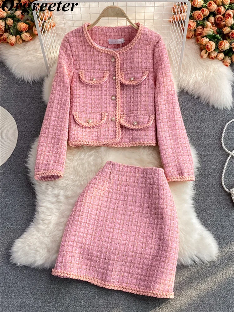 Fall Winter New Gold Thread Plaid Tweed Jacket + Mini Skirt Two Piece Set Women Vintage Short Coat High Waist Skirt Matching Set