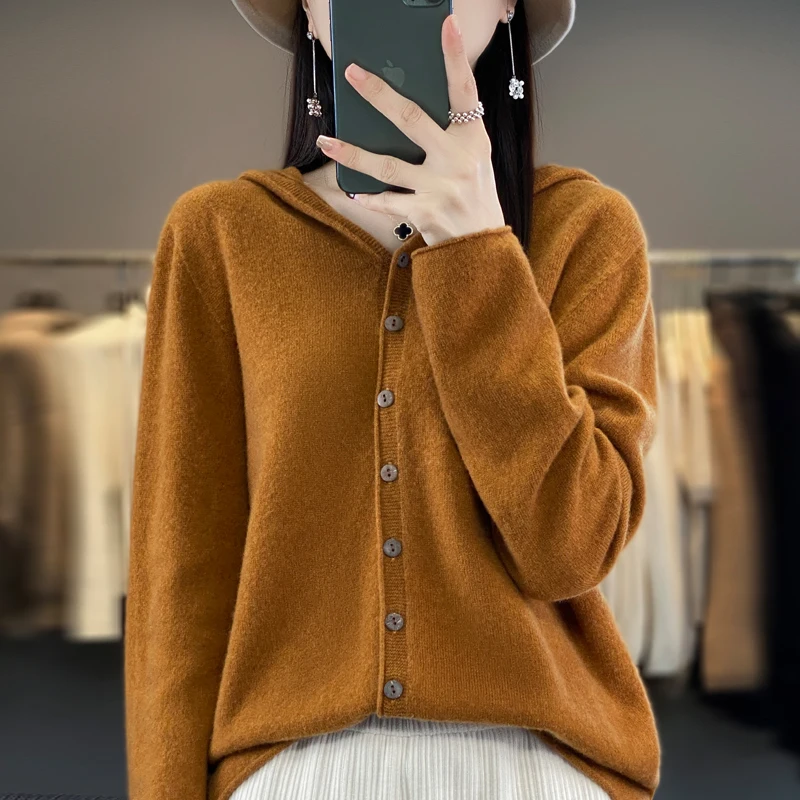 100% pure wool women's cardigan autumn and winter cashmere sweater women's casual knitted hooded top women's jacket fashion