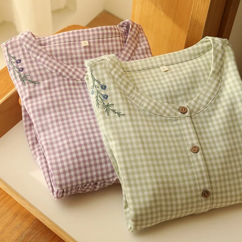 Women's Long-Sleeve Double-Layer 100% Cotton Nightgown Soft Plaid Round Neck Perfect for Home Casual Wear