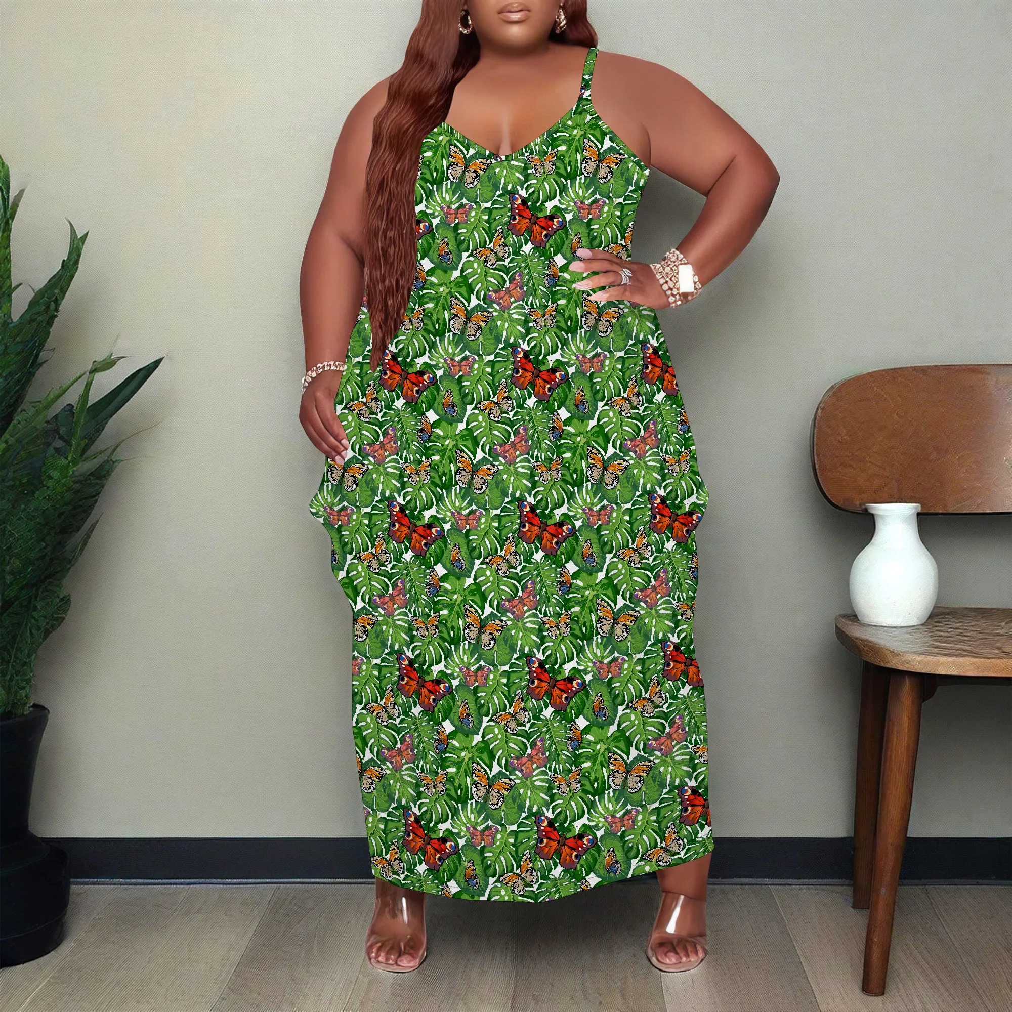 Women Plus Size Dress Loose Slip Maxi Dress with Pocket Stretchy Boho Butterfly Print XL-6XL​