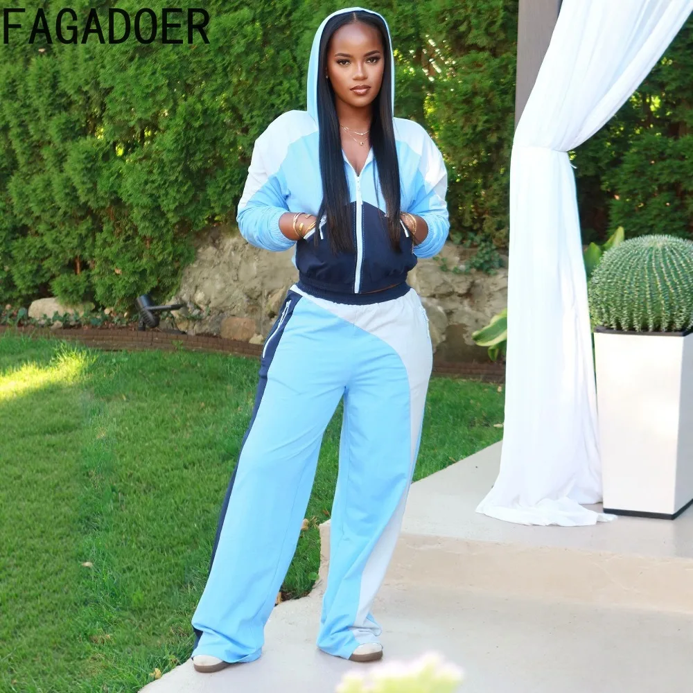 FAGADOER Новый зимний повседневный комплект из 2 предметов с цветными блоками для женщин, укороченный топ с карманами на молнии и брюки в стиле пэчворк, женская уличная одежда