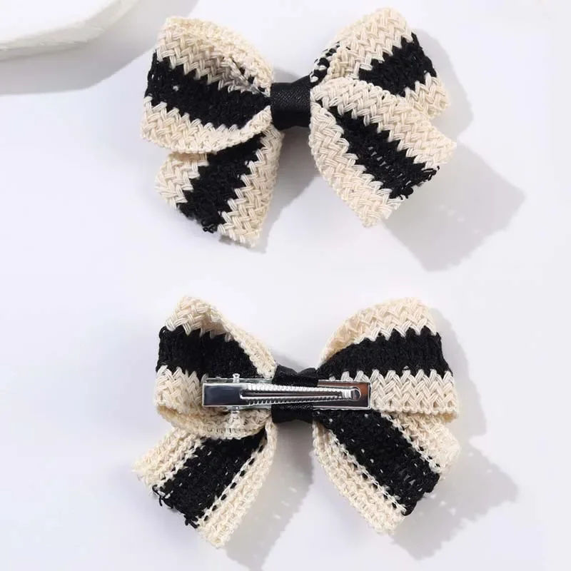 ncmama 2Pcs Knitted Bow Hair Clips For Girls Classical Plaid Handmade Bowknote Hairpin Barrette Headwear Korea Hair Accessories