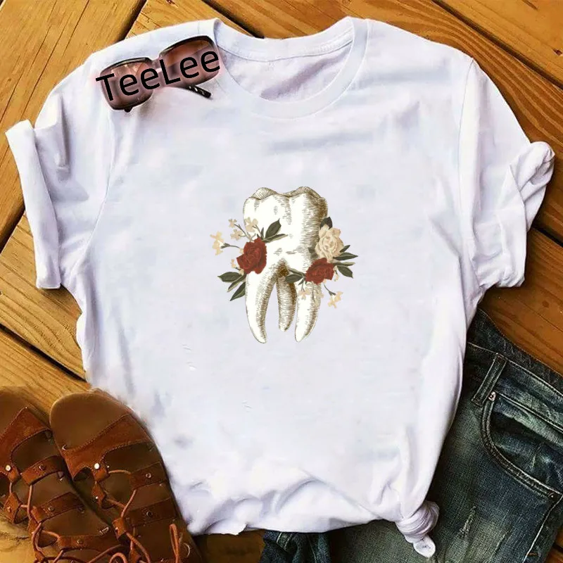 Fairy Tooth T-shirts Women Cute Aesthetic ShirtsWatercolor Graphic Tees Shirt Harajuku T Shirt Casual Fashion O-Neck Female Tops