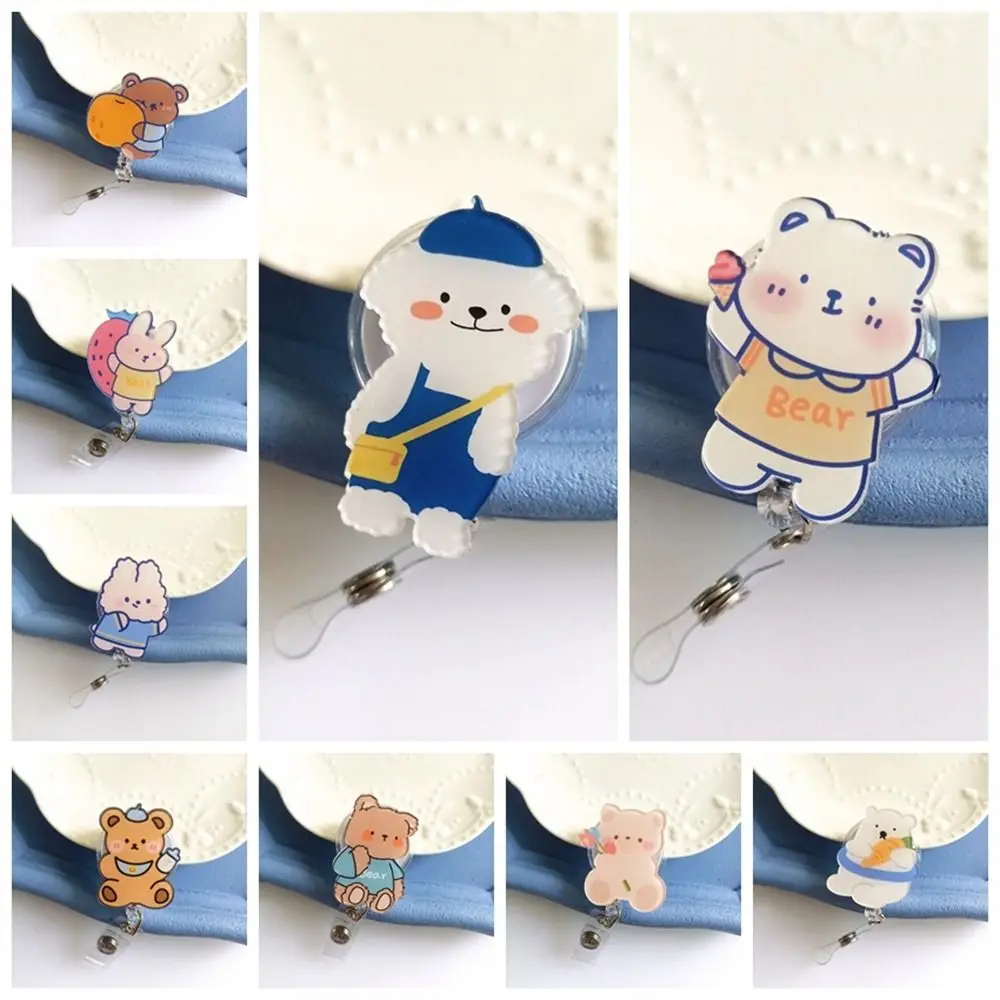 Cute Bear Retractable Badge Reel Work Card Clip Name Tag Nurse Badge Holder Chest Card Acrylic ID Card Clips Hospital Use