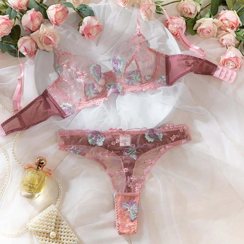 

Women Sexy Bra Set Lace See Through Ultrathin Lingerie Set Embroidery Flower Micro Bikini Underwear Thong Brief Set