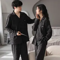 COUPLE Fashion Pyjamas Sets Men Long Sleeve Solid Casual Sleepwear Pajamas Set Women Turn-down Collar Soft Comefortable Homewear