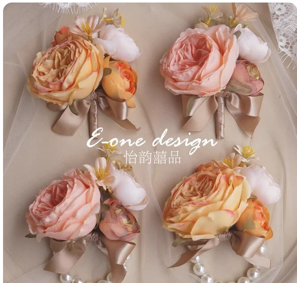 

European wedding hand with bride and groom parents bridesmaid groomsman wedding corsage sisters wrist flower meeting opened.