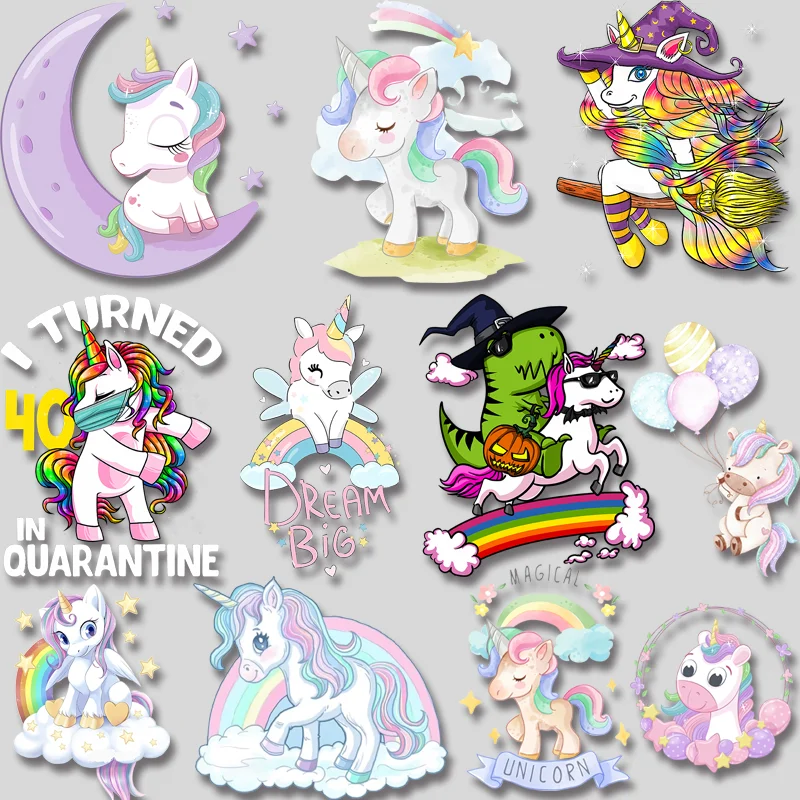 Cute Colorful Unicorn Image Heating Patches Thermal Transfer Stickers Printed Textile Vinyl DIY Clothes Garment Accessory