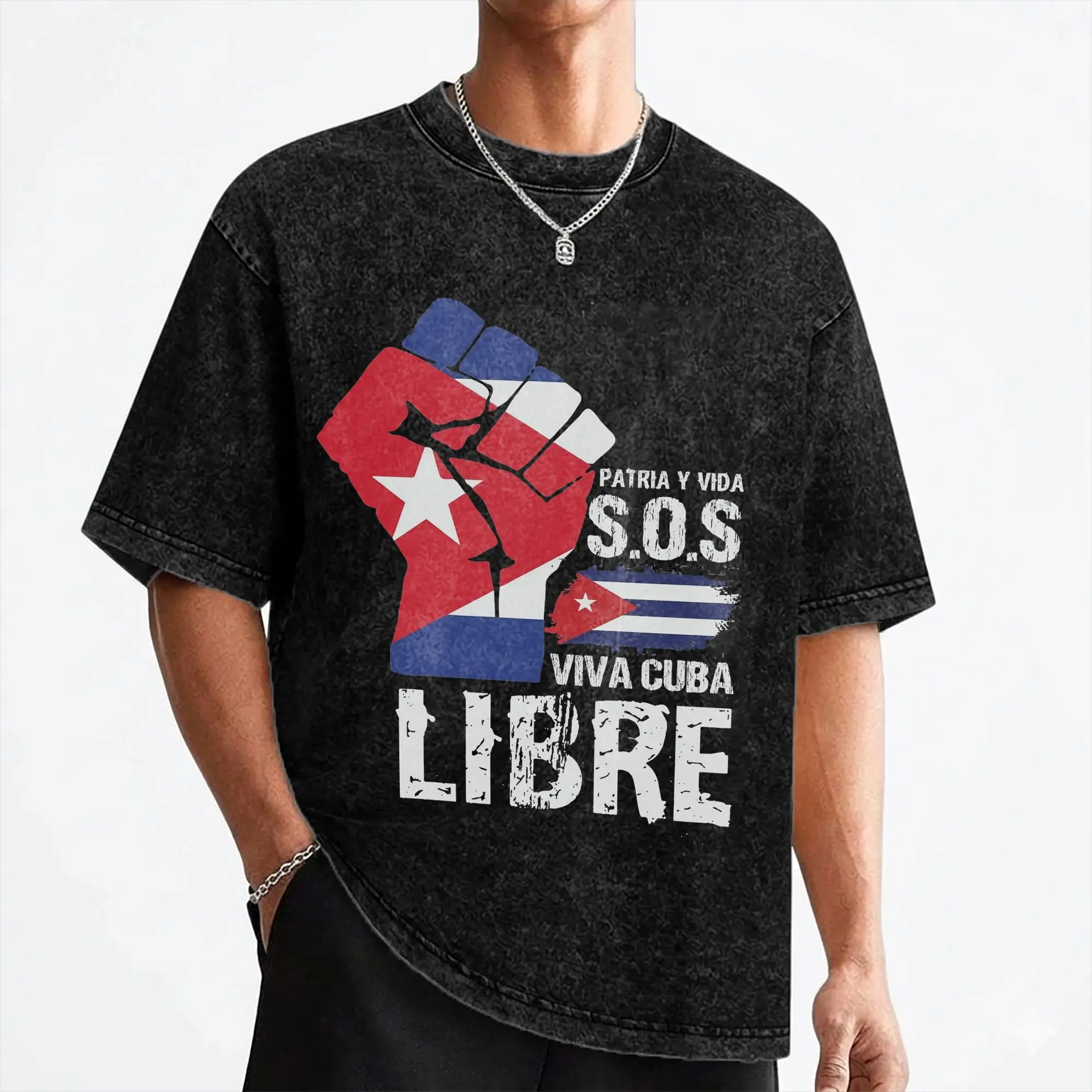 Washed T Shirts Sos Patria Y Vida Viva Cuba Libre Hip Hop T-Shirts Harajuku Streetwear Cotton Printed Tops Tee Shirt for Men