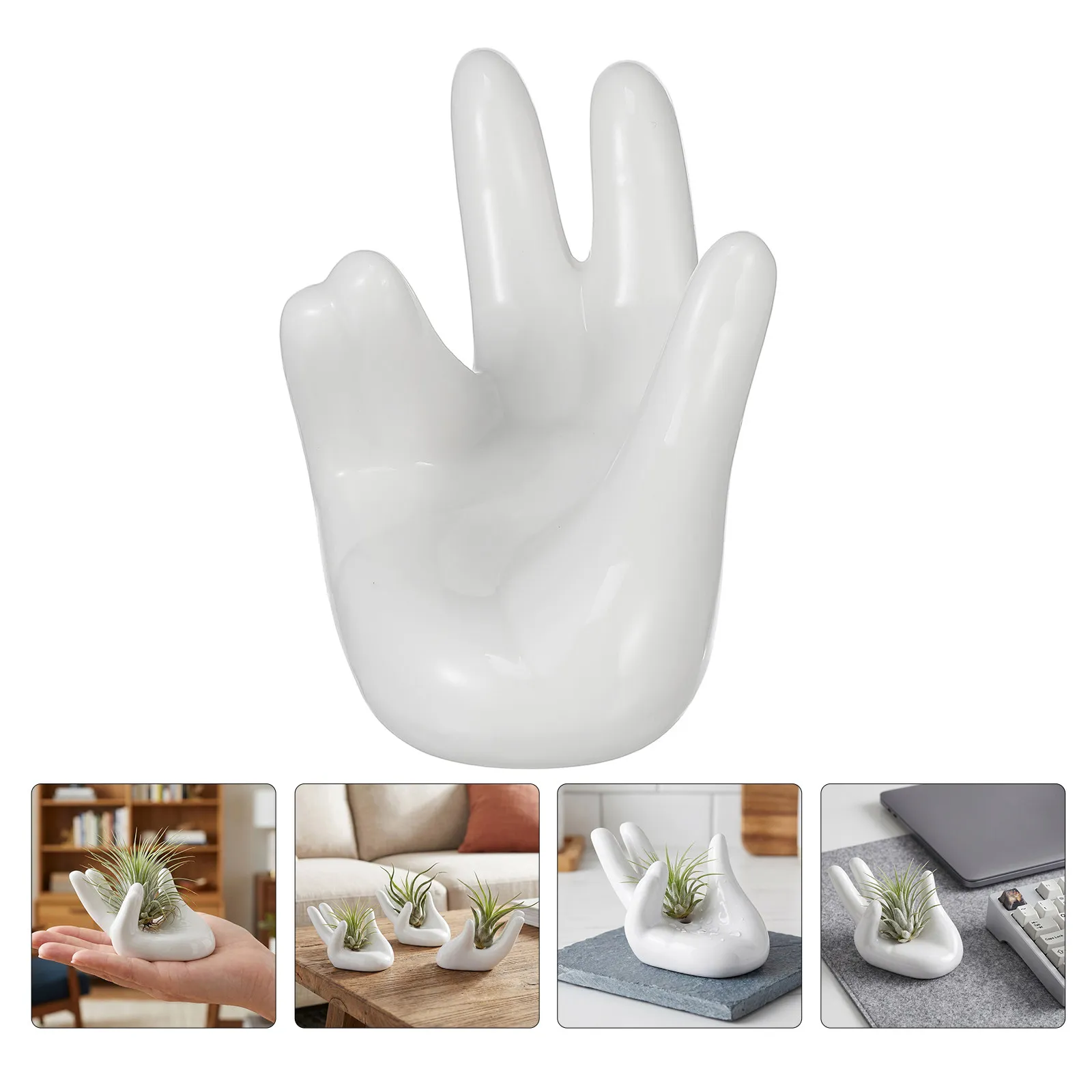 7Pcs Air Plant Holder White Ceramic Hand Shaped Planter Mini Rack Desk Shelf Tillandsia Succulent Display Stand Tabletop